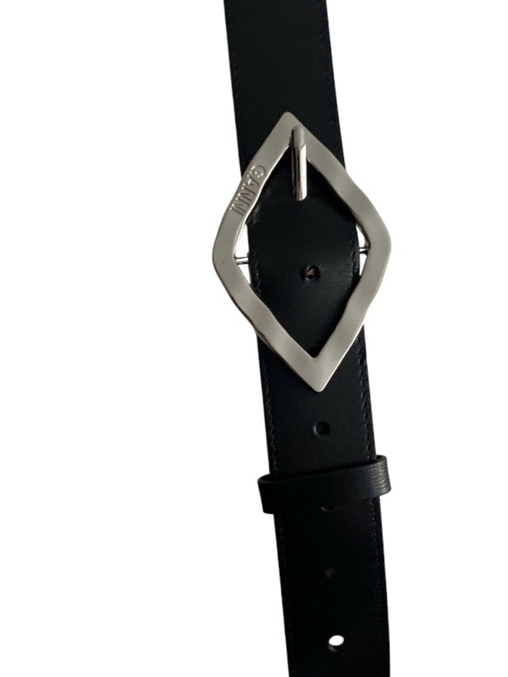 Ganni Black Leather Belt with Diamond-Shaped Silver Buckle